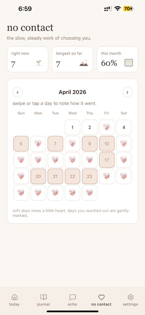 Echo no-contact screen with streak stats, monthly calendar, and soft-day markers